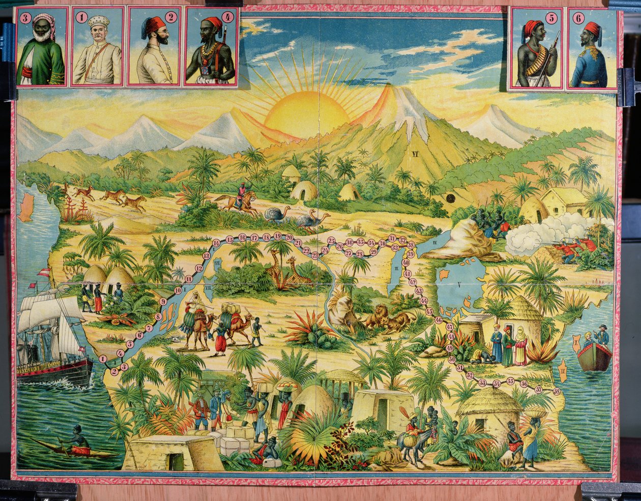 The Conquest of Africa, desková hra založená na cestách sira Henryho Mortona Stanleyho (1841-1904) a Davida Livingstonea (1813-73) (barevná rytina) od French School