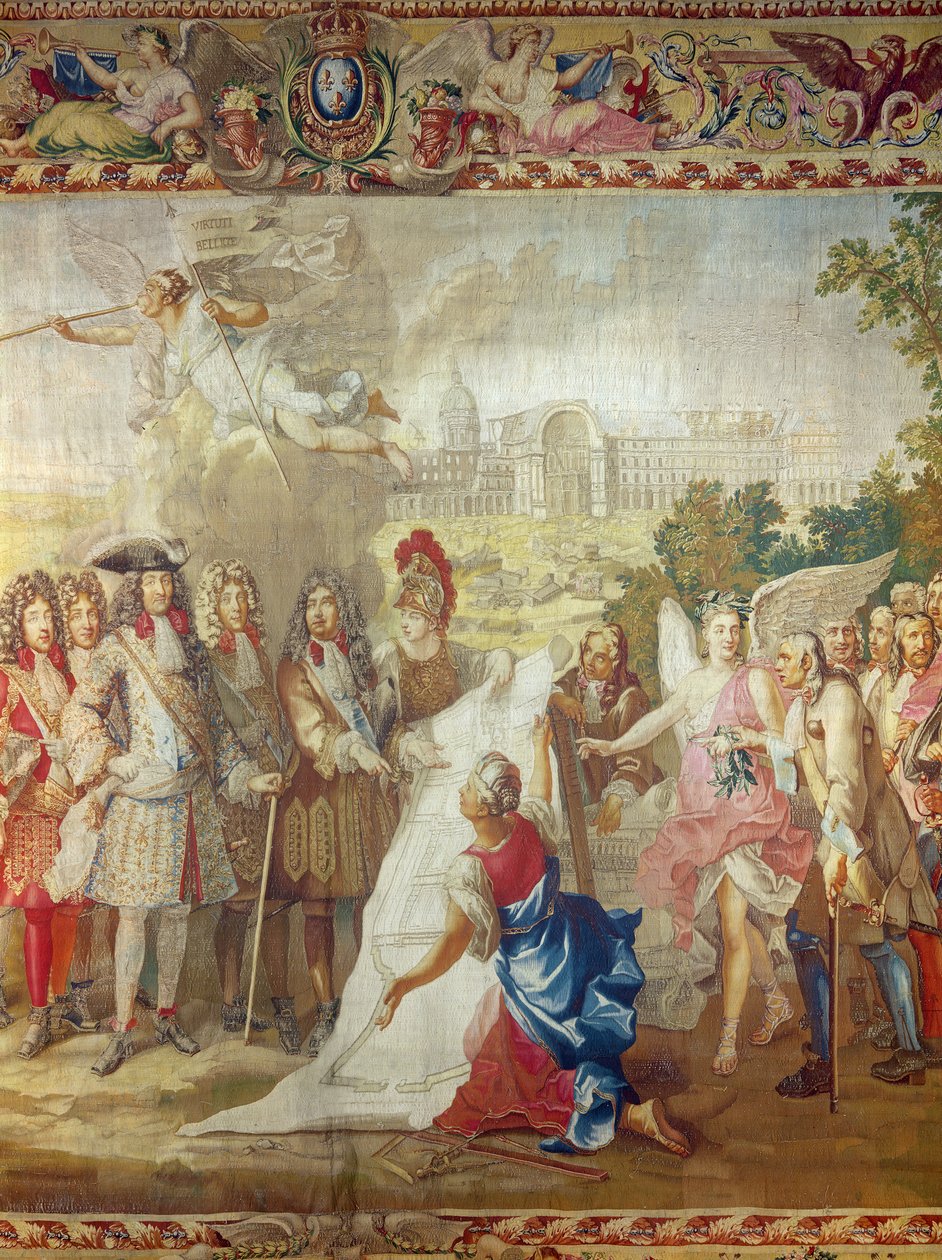 Stavba Invalidovny v roce 1670, ústřední detail z Dějin krále, podle Adama Franse Van der Meulena (1632-90) a Charlese Le Bruna (1619-90) Gobelínová dílna od French School