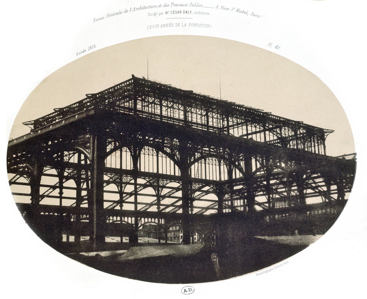 Stavba centrálního trhu v Halles, z Revue generale de larchitecture et des travaux publics, 1856 (foto litho) od French School