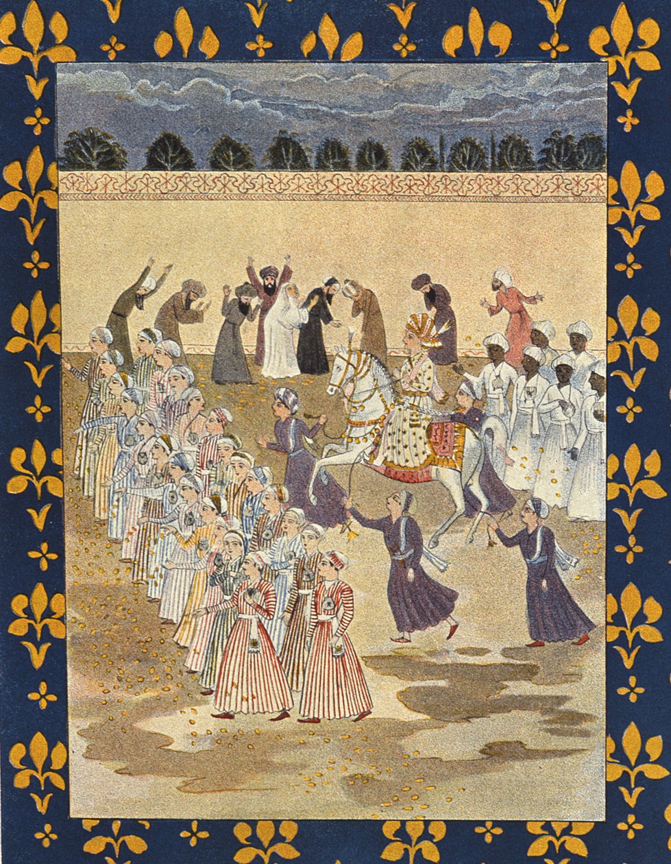 The Cortege of Aladdin, ilustrace pro Aladdin, z Arabských nocí, 1895 (barevná rytina) od French School