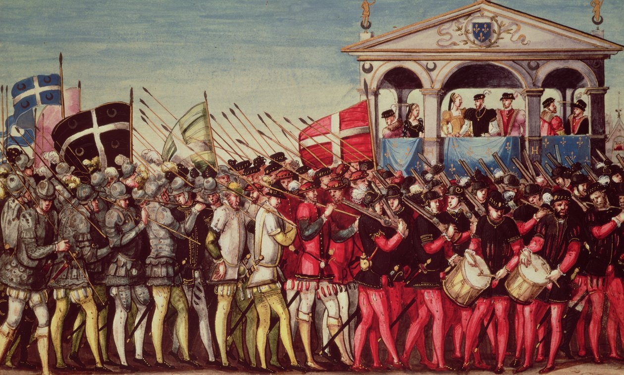 Cortege bubeníků a vojáků na Královském vstupním festivalu Jindřicha II. (1519-59) do Rouen, 1. října 1550 od French School