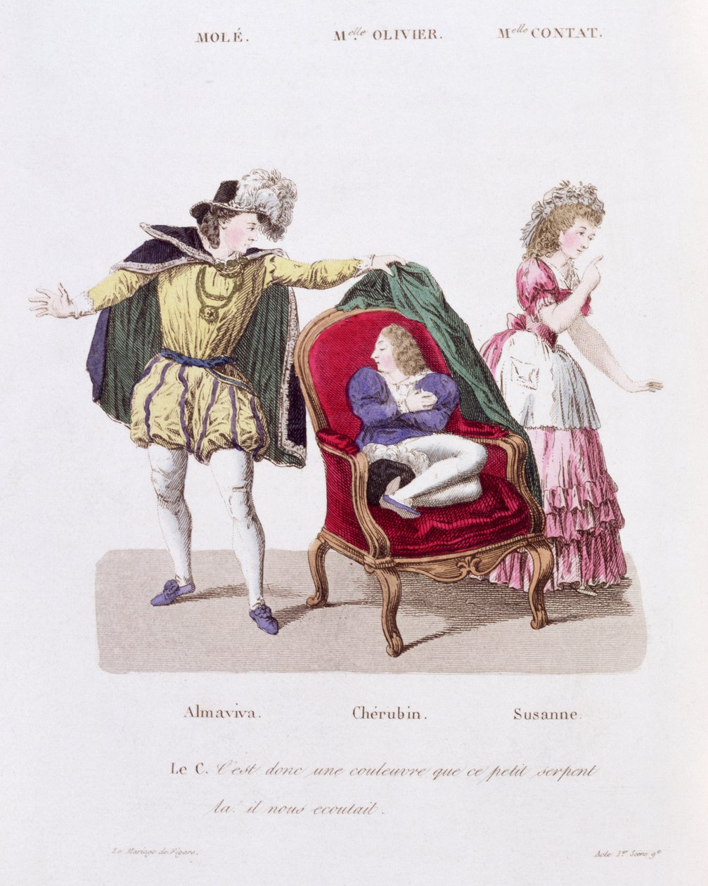 Hrabě objeví Cherubína, dějství 9, scéna 9 z Figarovy svatby od Pierra Augustina Caron de Beamarchais (1732-99) od French School