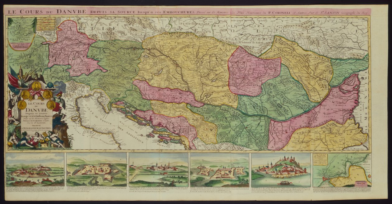 Tok Dunaje od jeho pramene k jeho ústům, na základě nejnovějších memoárů P. Coroneliho a S. Sansona, geografa ke králi (barevné lito) od French School
