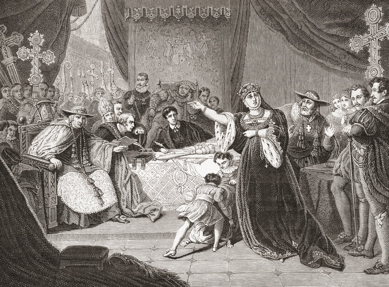 Soud pro proces s královnou Katharine od George Henryho Harlowa, zobrazující paní Siddonsovou jako královnu Katharine v Shakespearově Jindřichu VIII. Z Histoire des Peintres, École Anglaise, publikoval 1867 (litho) od French School