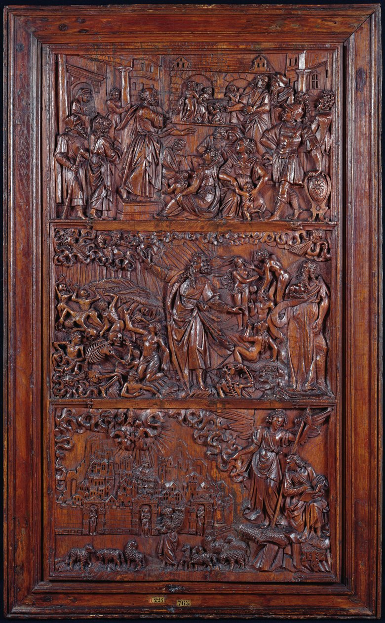 Krédo, Panel IV: Odpuštění hříchů, Ezechielova vize suchých kostí a St. Johns Vision of Jerusalem, 1587 (dřevo) (viz také 414036-8) od French School