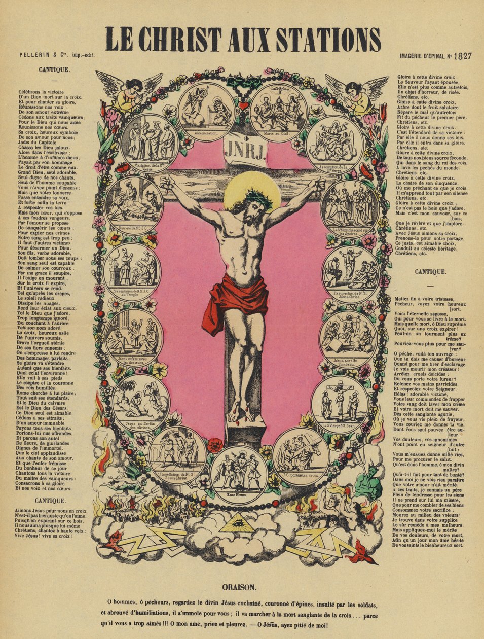 Ukřižování Ježíše a křížová cesta (barevná litografie) od French School