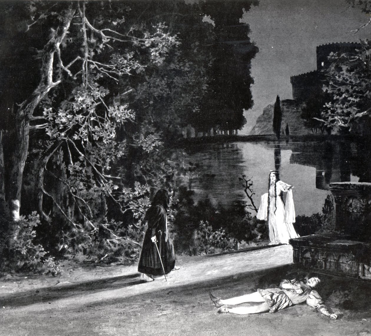 Smrt Pellease, dějství IV, scéna 4 Pelleas et Melisande od Debussyho, z fotografie první inscenace opery v Opeře-Comique v Paříži v dubnu 1902, ilustrace v Theater m od French School