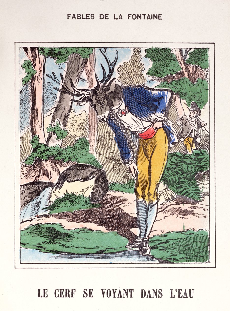 Jelen se vidí ve vodě, z „Fables de La Fontaine“ (barevná rytina) od French School