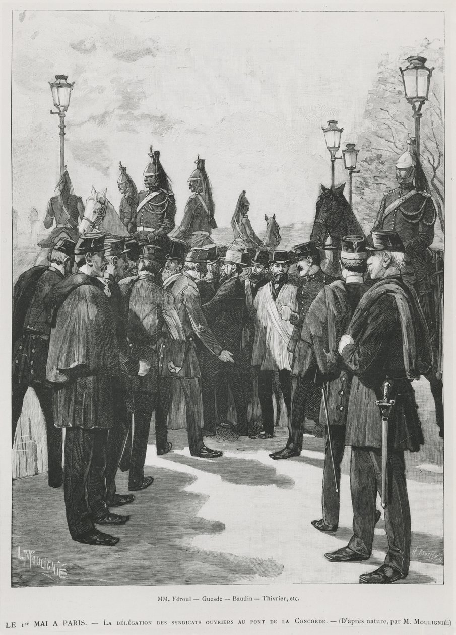 Delegace odborových svazů v Pont de la Concorde během demonstrace k 1. květnu v Paříži, 1. května 1890, rytina L. Moulignie, rytina) od French School