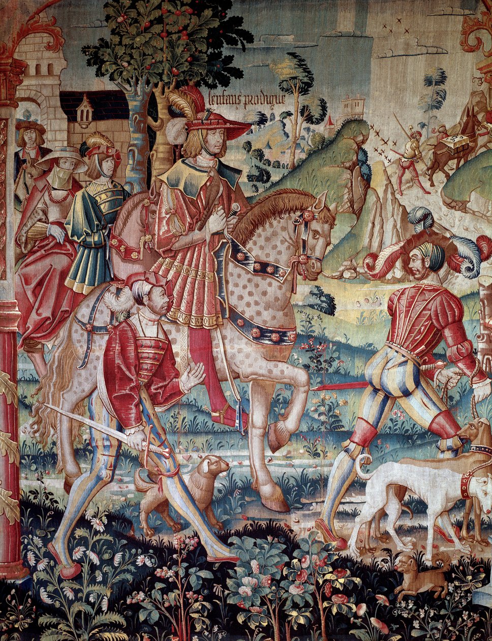 Gobelín Odchod Enfant prodigue z vlny a hedvábí vyrobený v Tournai kolem roku 1520. Paříž, Národní muzeum středověku, Thermes de Cluny od French School
