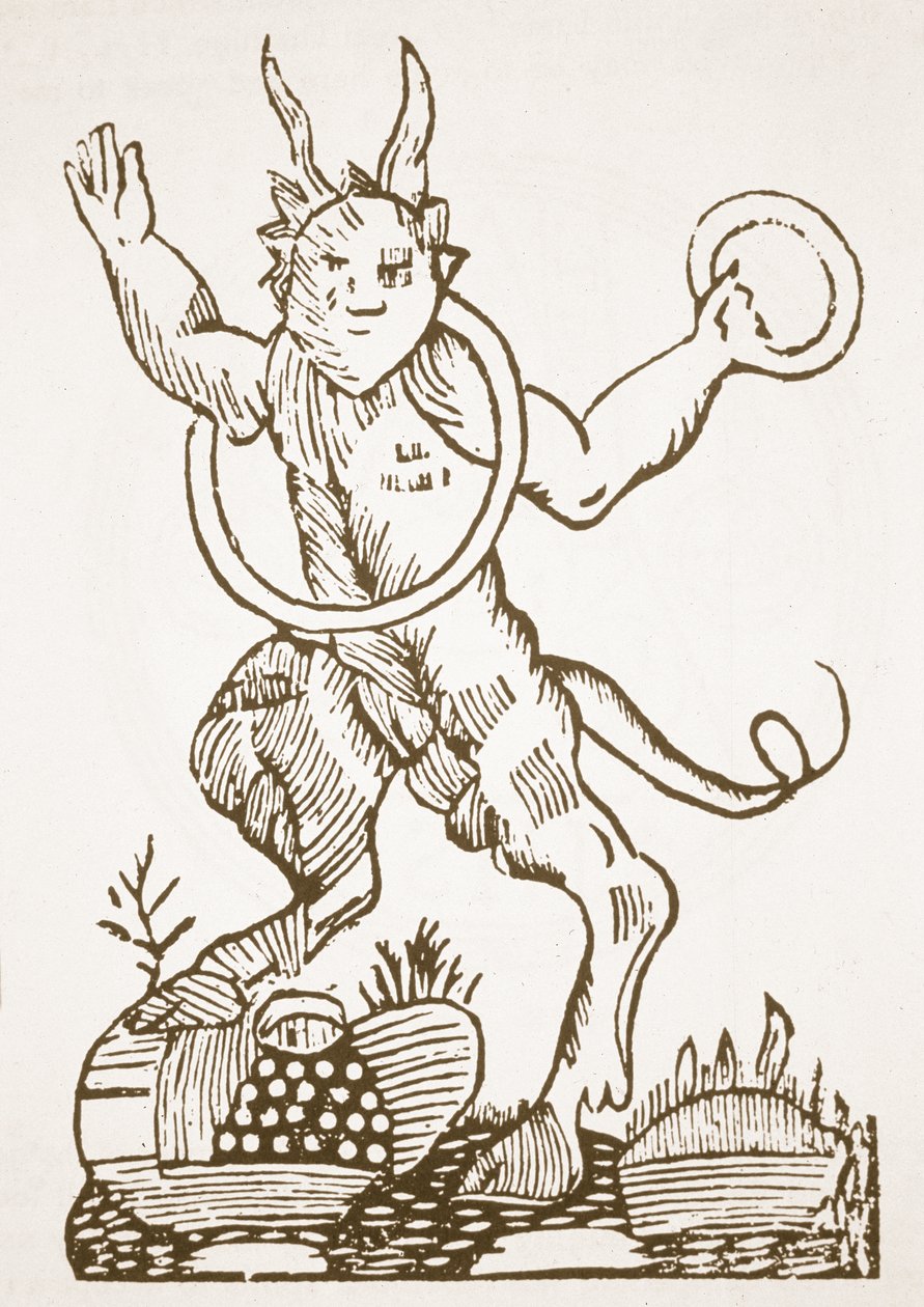 Ďábel ukazuje na skryté poklady, kopie ilustrace z Le Veritable Dragon Rouge, Lille 1521, použitá v Historii magie, vydané koncem 19. století od French School