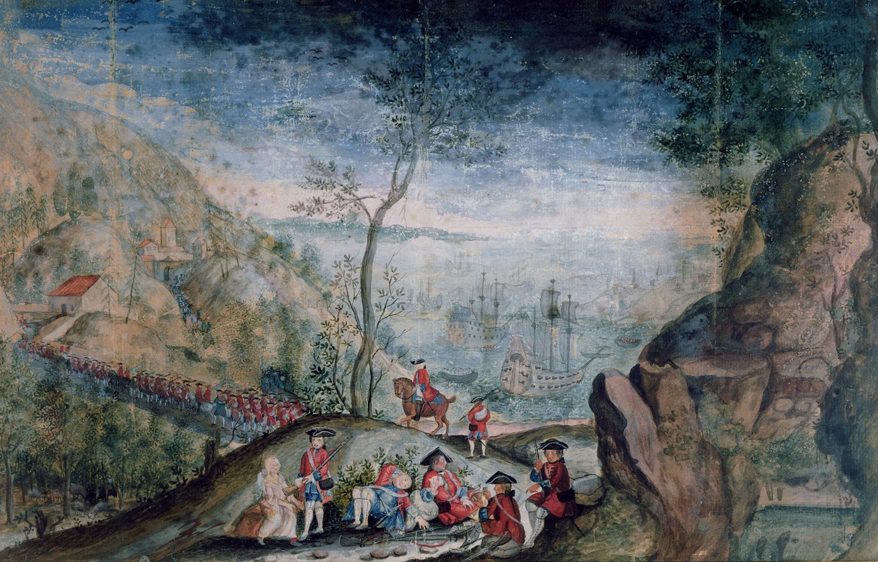 Vylodění 50 vojáků ze švýcarského pluku Karrer v Louisbourgu na ostrově Cap-Breton v letech 1722-33 (wc na papíře) od French School