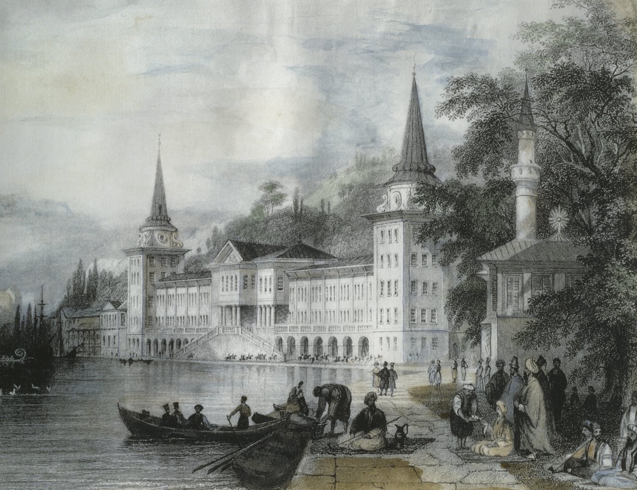 Palác Dolmabahce na Bosporu, 1840 (barevná rytina) od French School