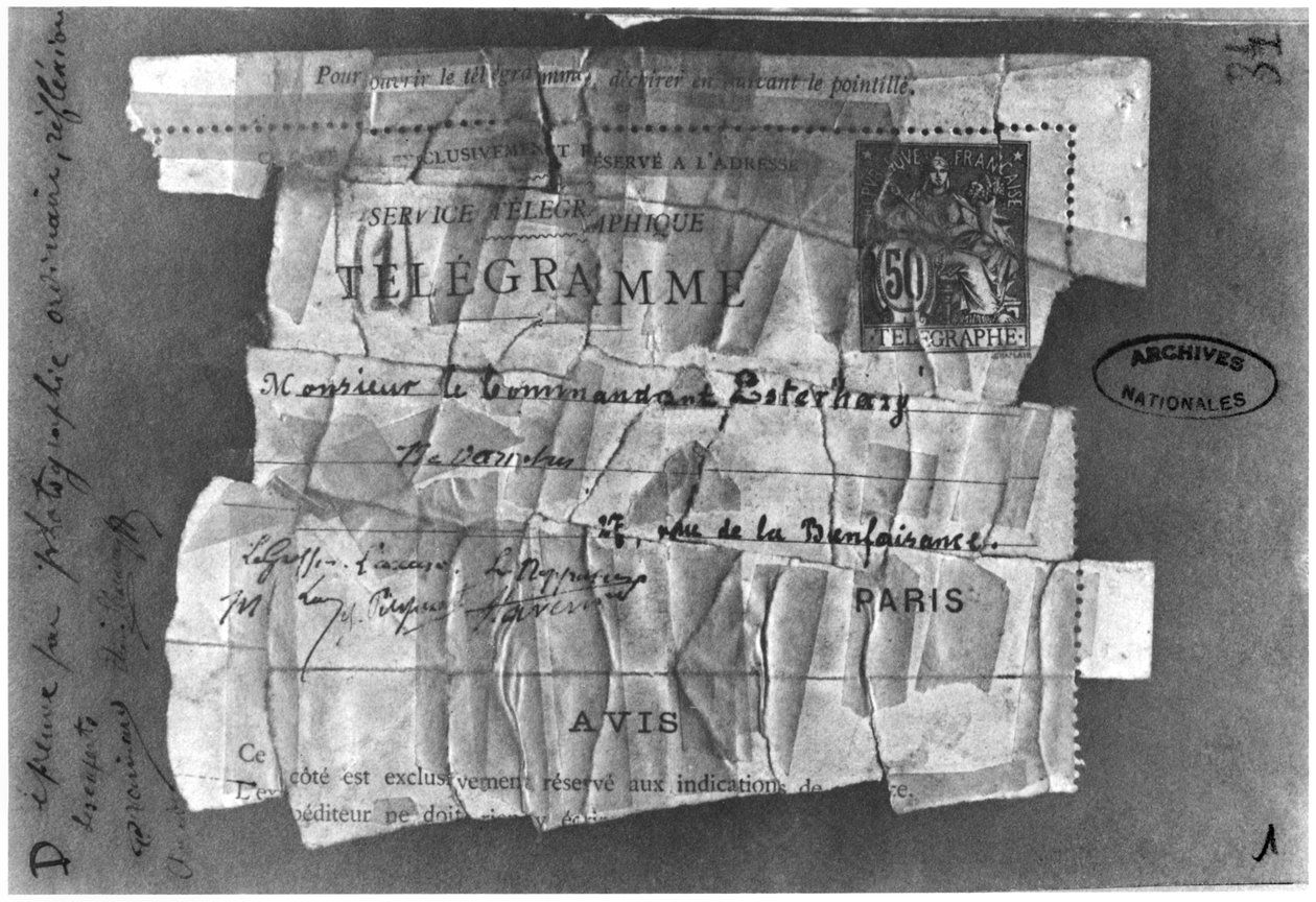 Dreyfusova aféra, 22. prosince 1894, telegram zaslaný veliteli Esterházymu od French School