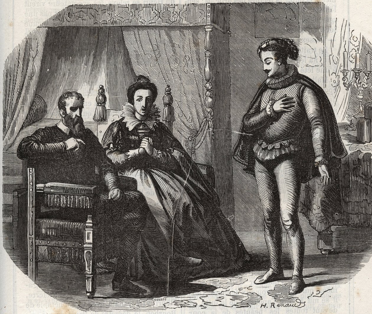 Vévodkyně z Cleves, Mary von Julich, vévodkyně z Juliers a Bergu (1491-1543), se dozvídá o zrušení manželství mezi její dcerou Annou z Cleves (1515-1557) a anglickým králem Jindřichem VIII. (1491-1547) ) r. 1540. Rytina z r. 1871 v „Hist od French School