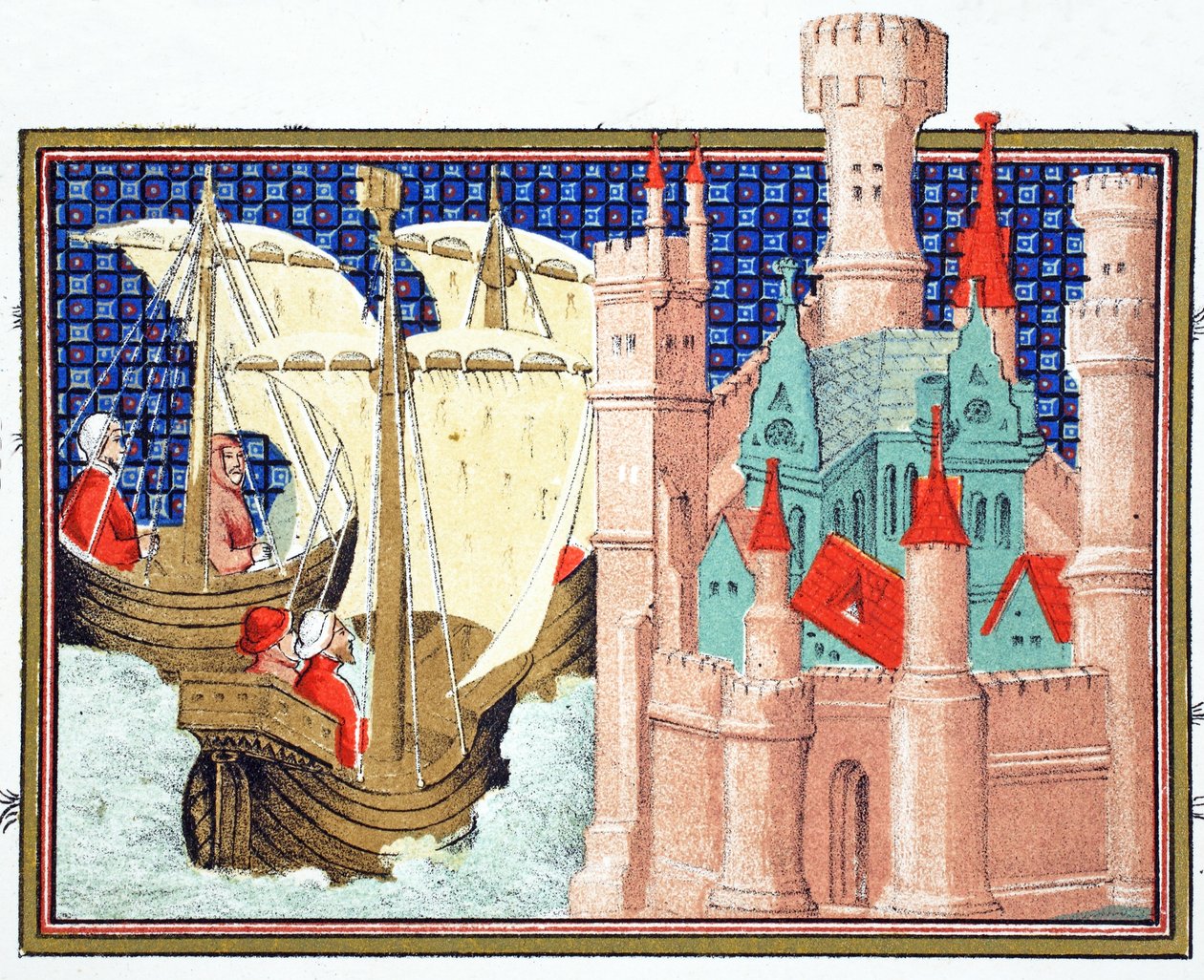 Vévoda ze Salisbury přijíždějící na hrad Conway z Irska, faksimile kopie z Le Prince et Mort du Roy Richart od Jean Creton, tištěná 19. století od French School