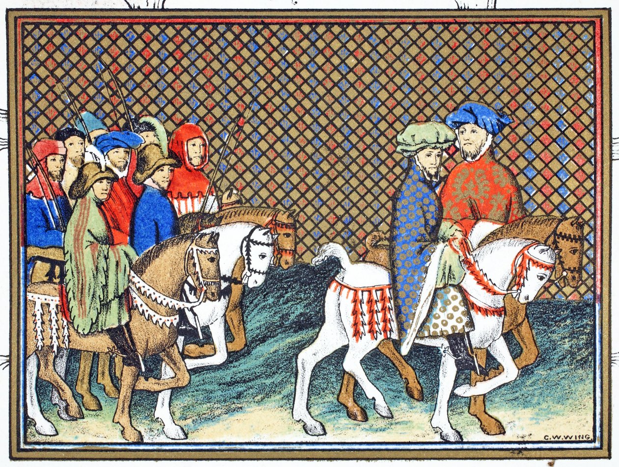 Vévodové z Exeteru a Surrey poslaní Richardem II. z hradu Conway do Chesteru, aby se pobavili s vévodou z Lancasteru, faksimile kopie z Le Prinse et Mort du Roy Richart od Jean Creton, přetištěno 19. od French School