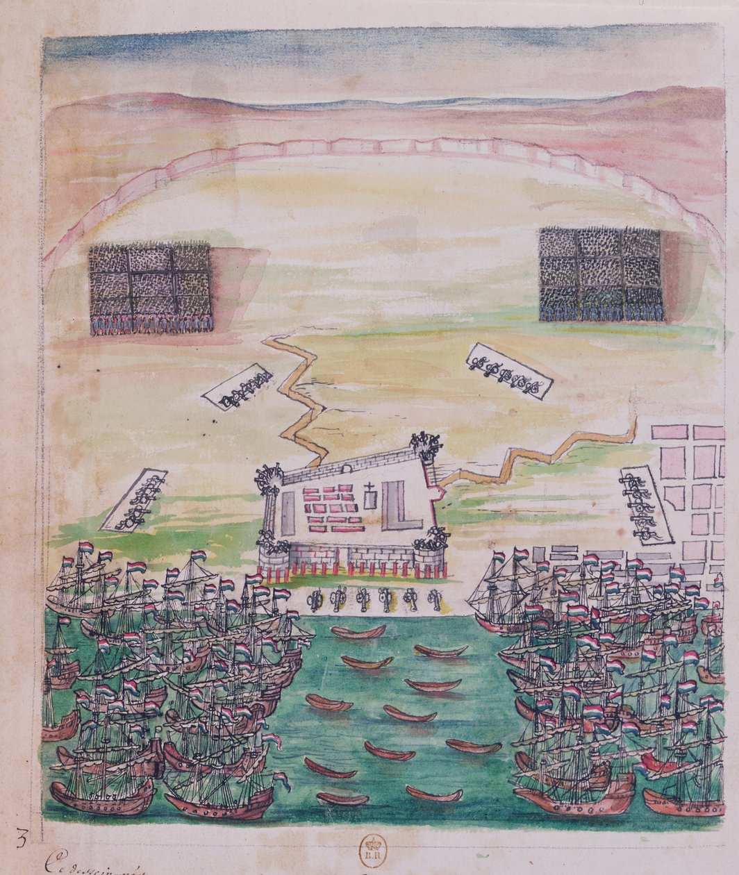 Holandské obléhání Pondicherry v srpnu 1693, ilustrace z cestovního deníku jezuitského misionáře (pero a inkoust a wc na papíře) od French School