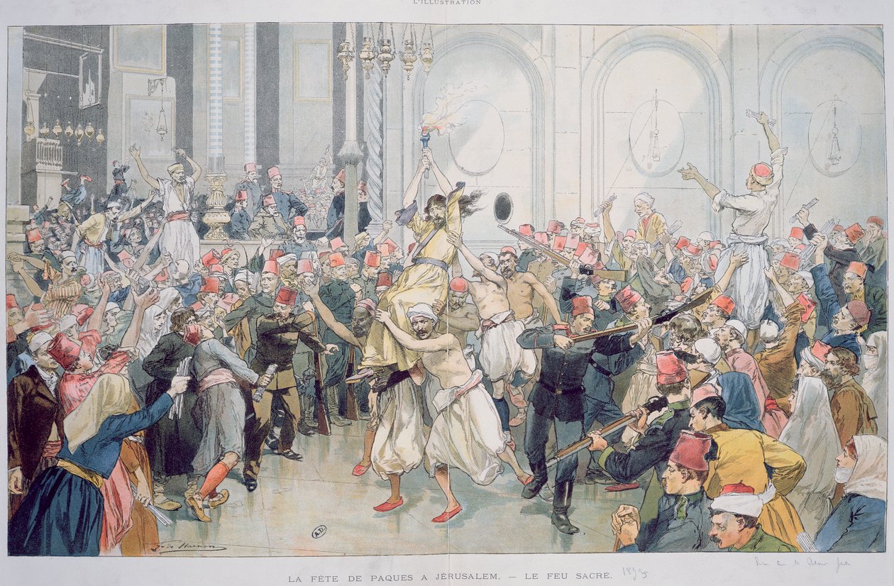Velikonoční procesí posvátného ohně v Jeruzalémě, 1895 od French School