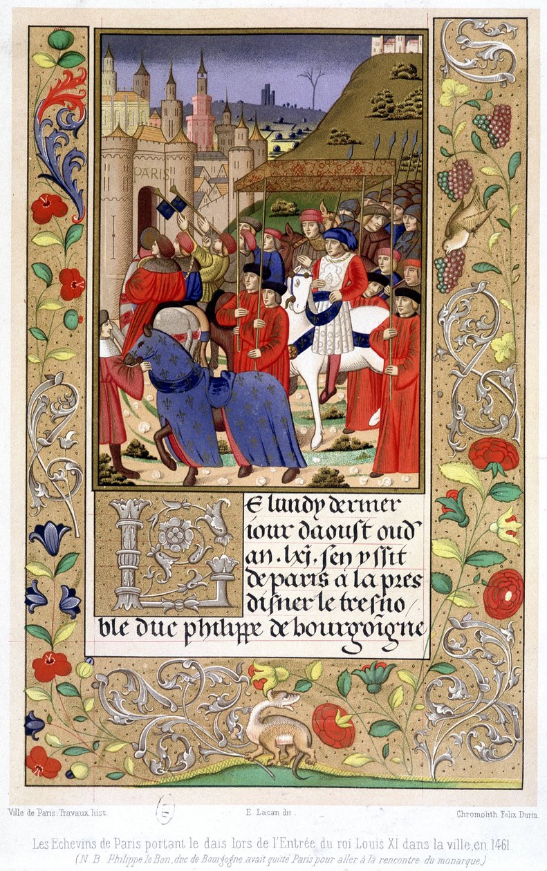 Echevinové z Paříže nesoucí pódium, když do města v roce 1461 vstoupil král Ludvík XI. (Poznámka: Filip Dobrý, vévoda z Burgundska, opustil Paříž, aby se setkal s panovníkem). od French School