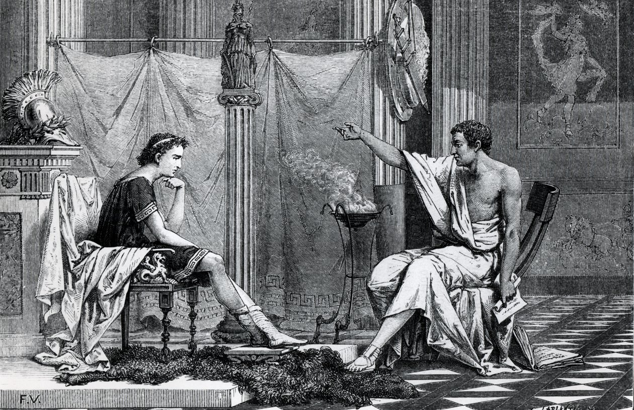 Výchova Alexandra Velikého (356-323 př. n. l.) od Aristotela (384-322 př. n. l.) z knihy L. Figuiera od French School