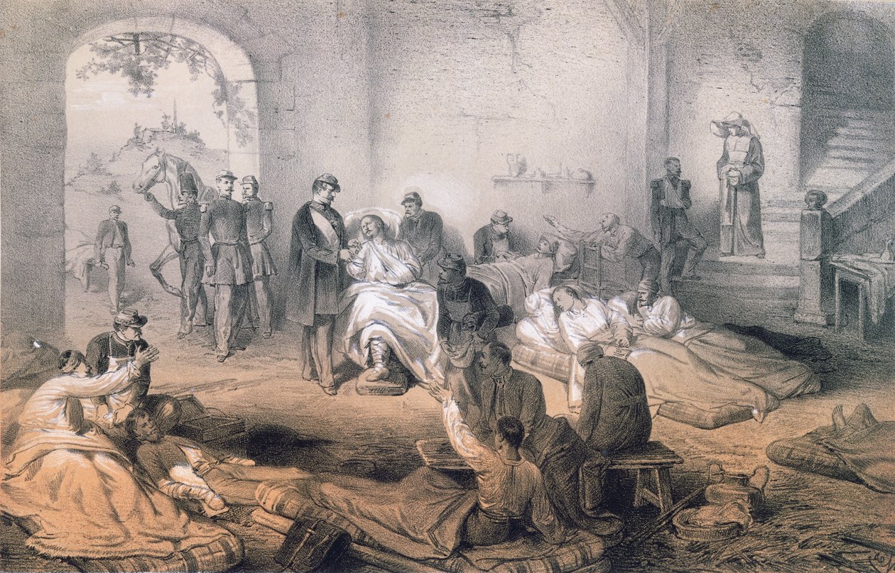 Císař Napoleon III na návštěvě zraněných vojáků po bitvě u Solferina, 24. června 1859 od French School