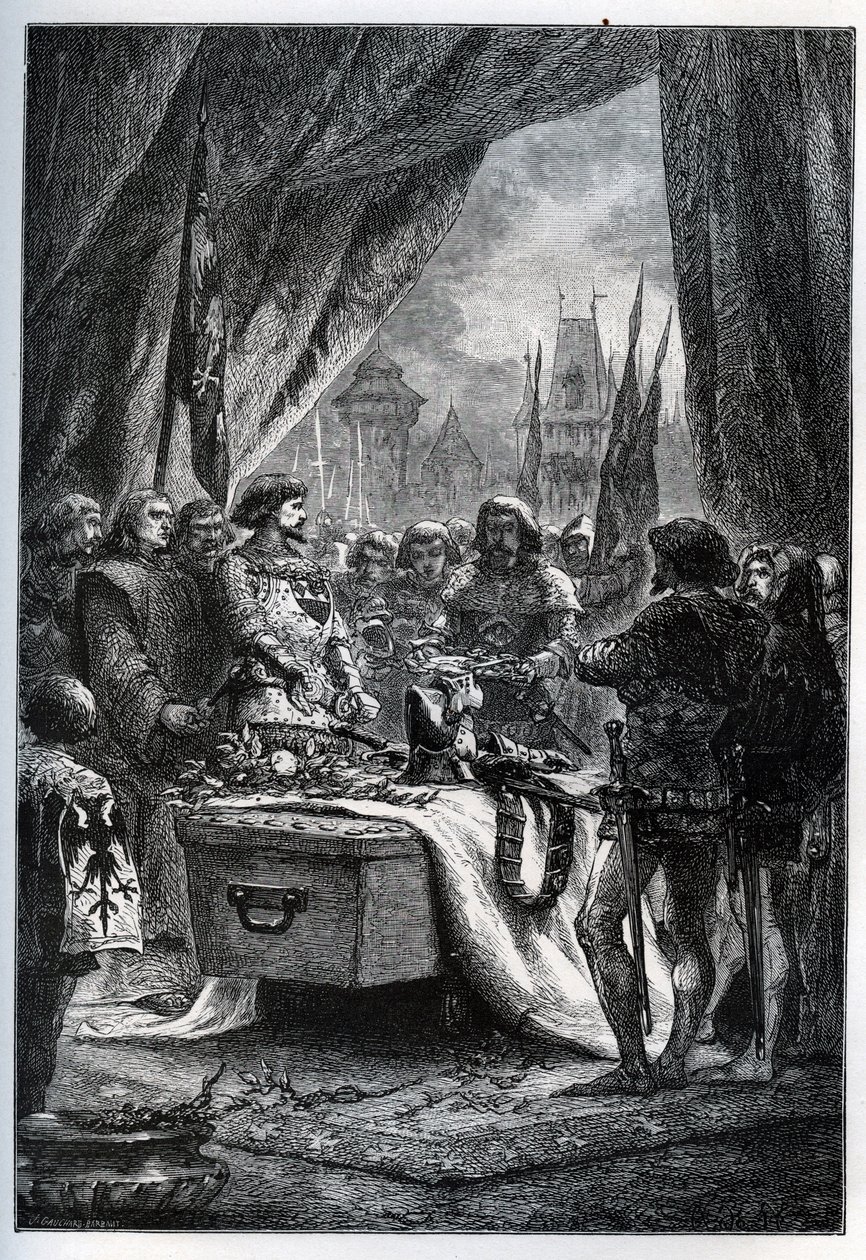 Anglický guvernér Chateauneuf de Randon (Chateauneuf-de-Randon, Auvergne) se vzdal a přišel 13. července 1380 položit klíče od náměstí na rakev Bertranda du Guesclin (1320-1380), před nímž bylo město obléhání. Připojitelná kostka od French School