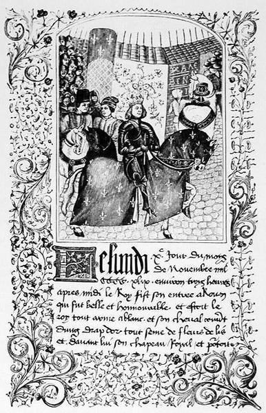 Vstup Karla VII. (1403-61) do Rouen v roce 1450, z rukopisu obsahujícího zprávu o stoleté válce, ilustrace z vědy a literatury ve středověku a renesanci od French School