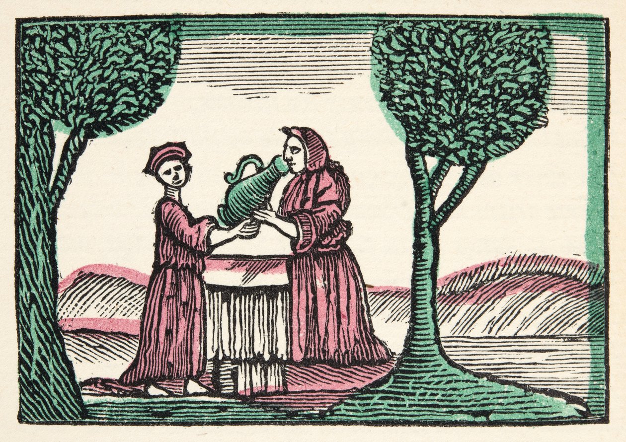 The Fairy from Historys or Tales of Past Times vyprávěná Matkou Husou, S morálkou, M. Perraultem, hospoda. 1925 (ručně kolorovaný dřevotisk) od French School