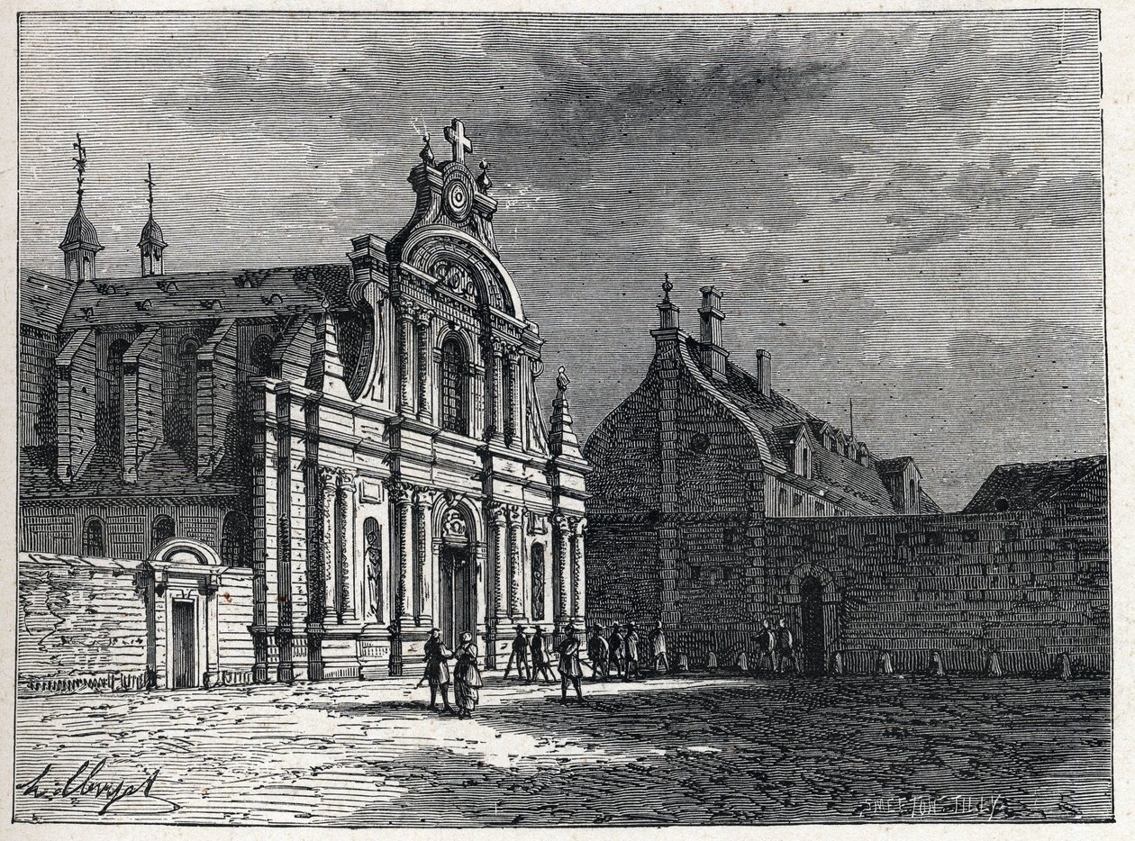 Klášter Feuillants, místo setkání Feuillants Club, monarchistické politické organizace během francouzské revoluce. Rytina z roku 1889. Soukromá sbírka. od French School