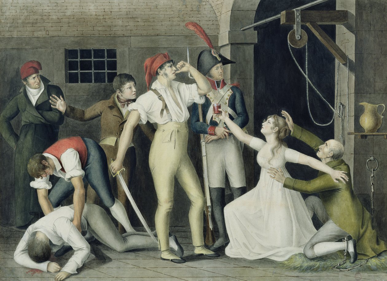 Synovská a hrdinská oddanost Madamemoiselle de Sombreuil v září 1792, kolem roku 1800 (pero a inkoust, wc a kvaš na papíře) od French School