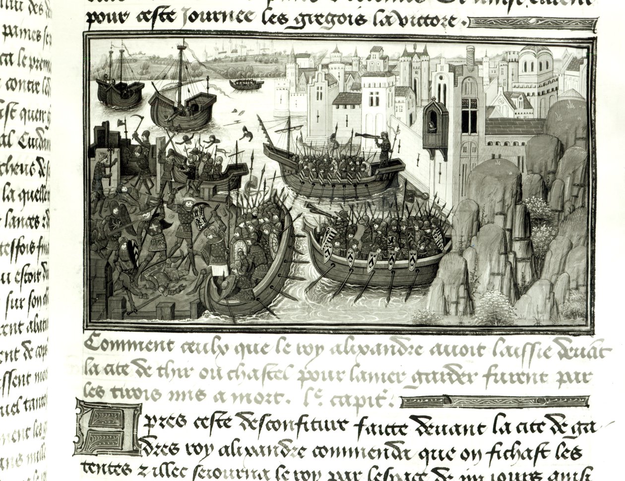 První útok na Tyre, z Histoire du Grand Alexandre 1460 od French School