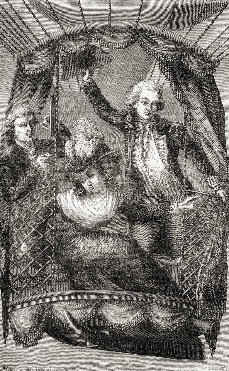 První výstup balónem v Anglii, 15. září 1784, z knihy „Nádherné výstupy balónem nebo dobytí nebes“ od Fulgence Marion, publikované kolem roku 1870 (litho) od French School