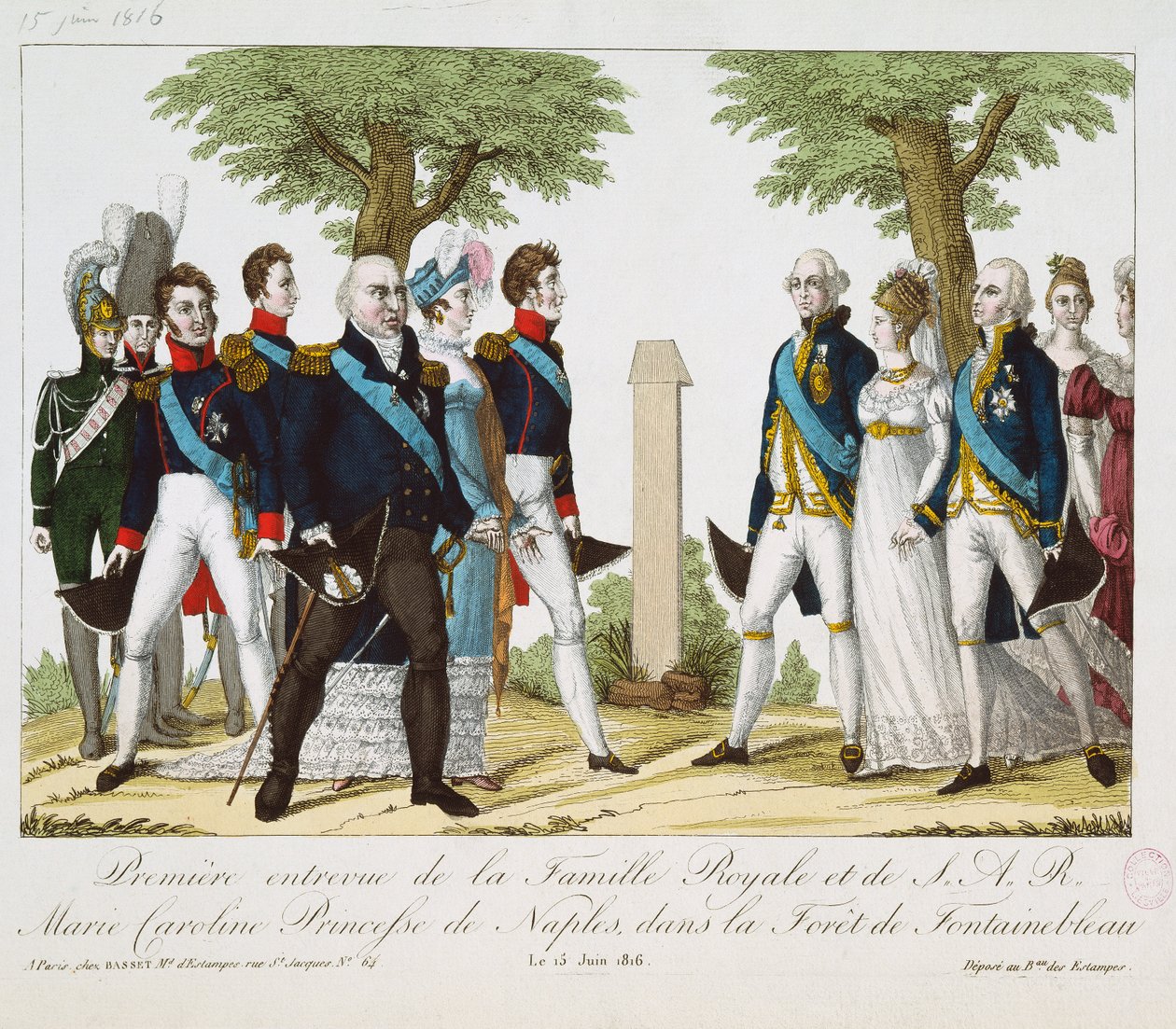 První setkání Ludvíka XVIII. (1755-1824) a Marie-Caroline-Ferdinande (1798-1870) z Bourbonu na Croix de St. Herem v lese Fontainebleau, 15. června 1816, 1816-30 od French School