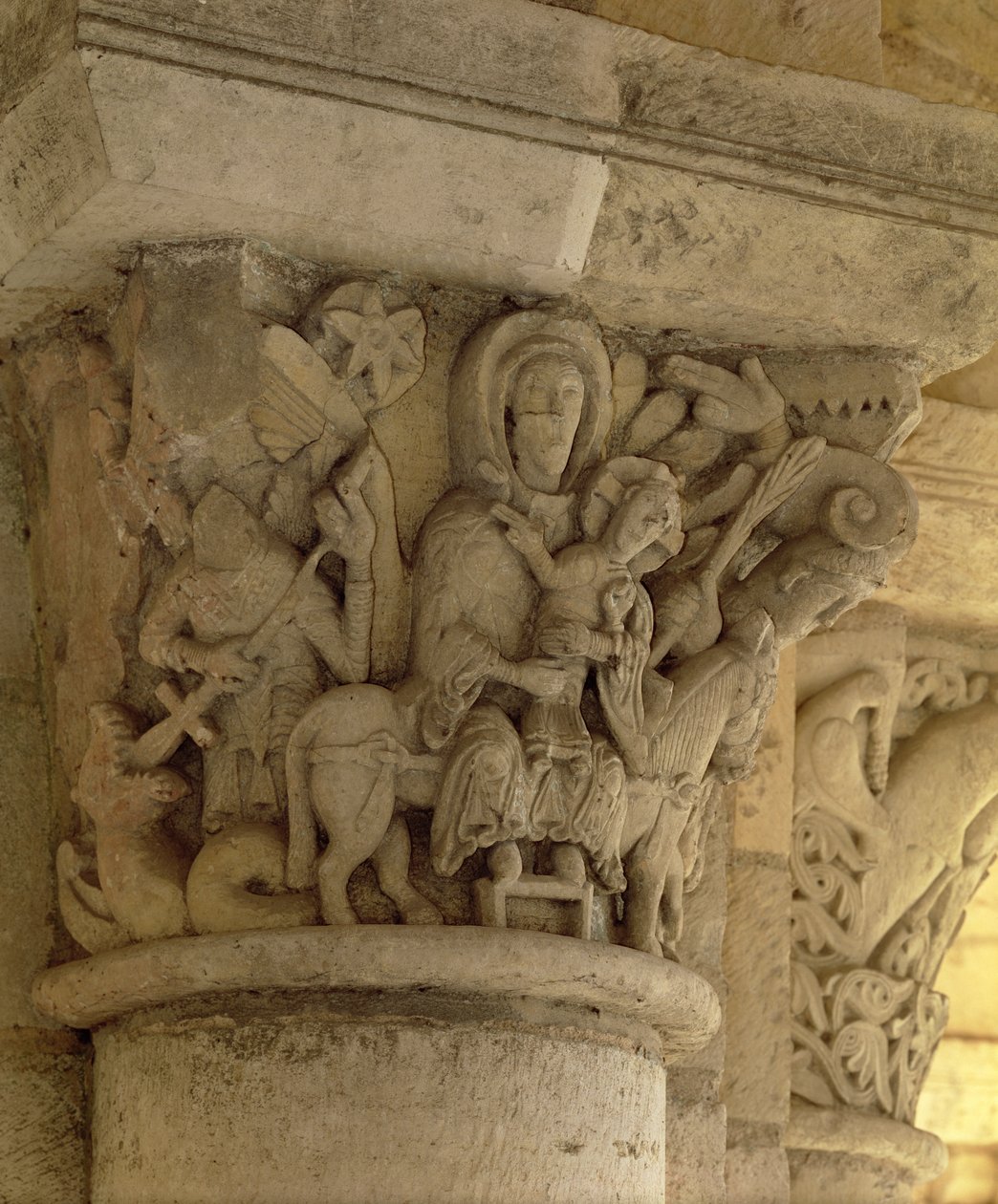 Útěk do Egypta, sloupový reliéf z kostela benediktinského opatství, 13. století od French School