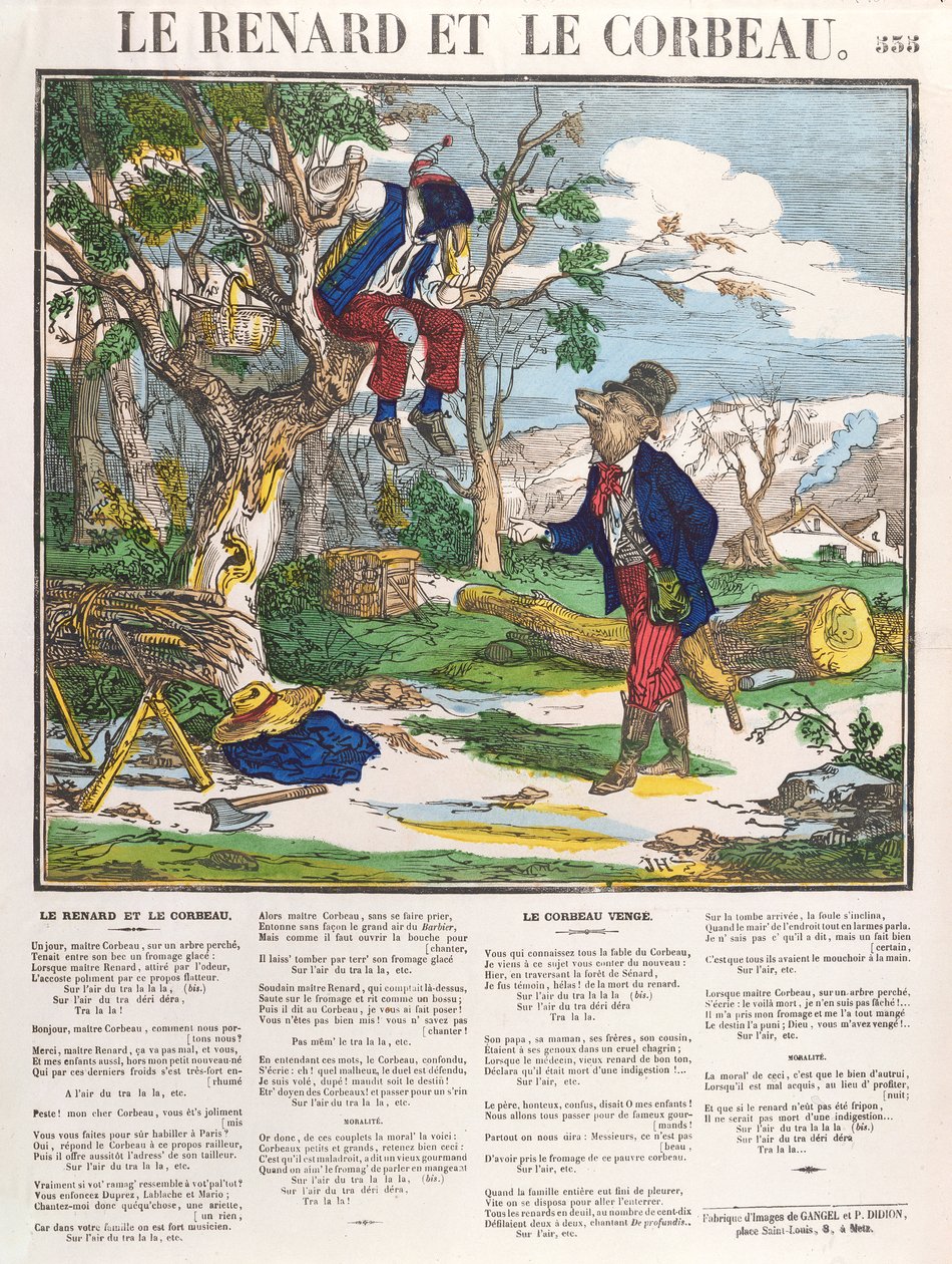 Liška a vrána, kolem roku 1840 (barevná rytina) od French School