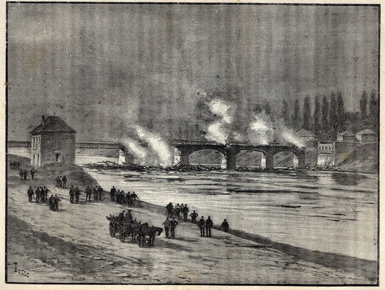 Francouzsko-pruská válka - Obrana Paříže - spálení mostu Asnieres - Požár mostu Asnieres během obléhání (obrany) Paříže Rytina do ""Les combatants de 1870-71"" od velitele Leonce Rousseta (1850- 1938) - Francouzská pruská válka - ( od French School