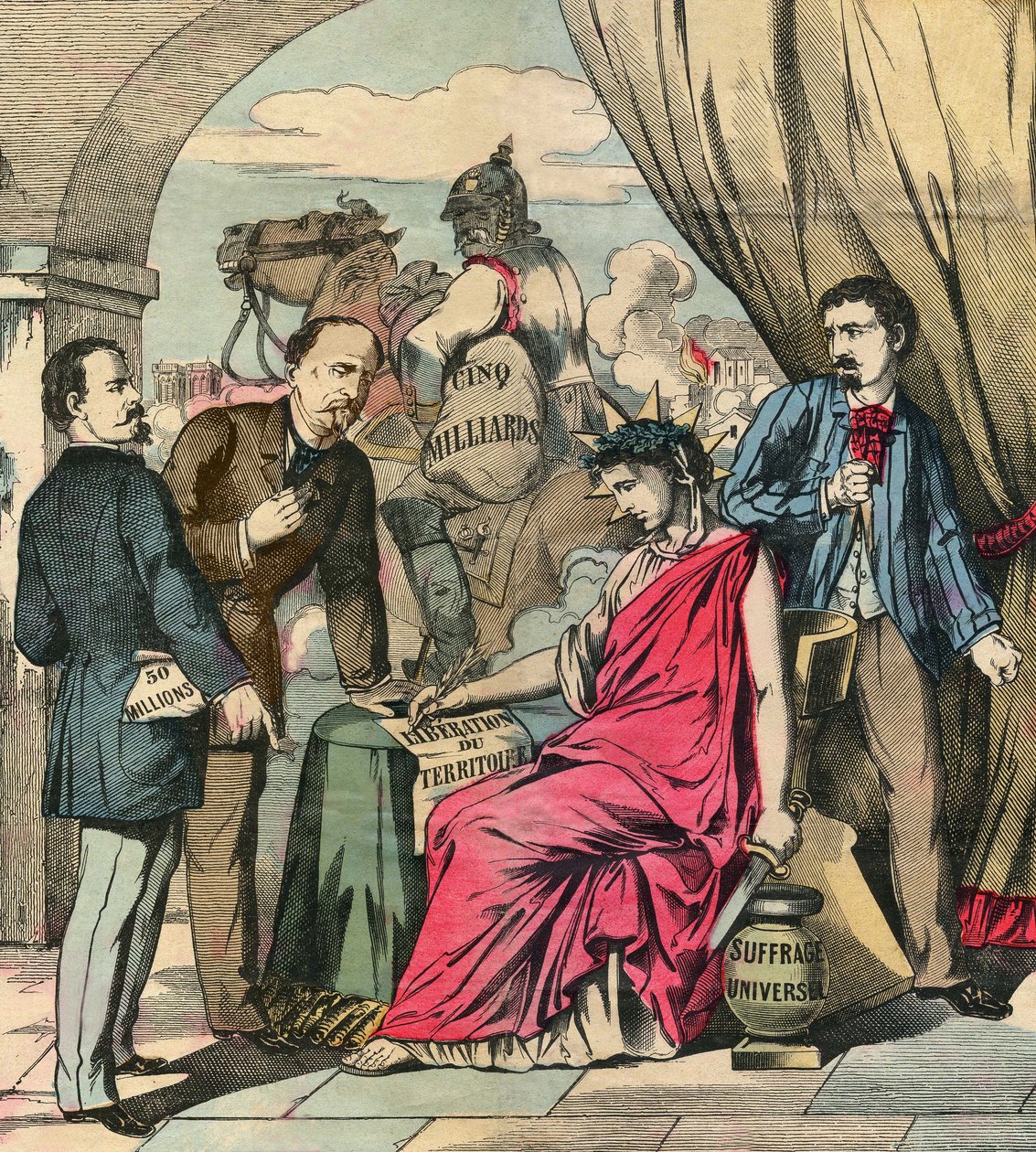 Frankfurtská smlouva podepsaná 10. května 1871 ukončila francouzsko-německou válku po jednání mezi Adolfem Thiersem a Otto von Bismarckem: Francie se musela vzdát Alsaska a části Lotrinska a zaplatit 5 miliard franků. Rytina v příloze deníku Le Figaro, dne od French School