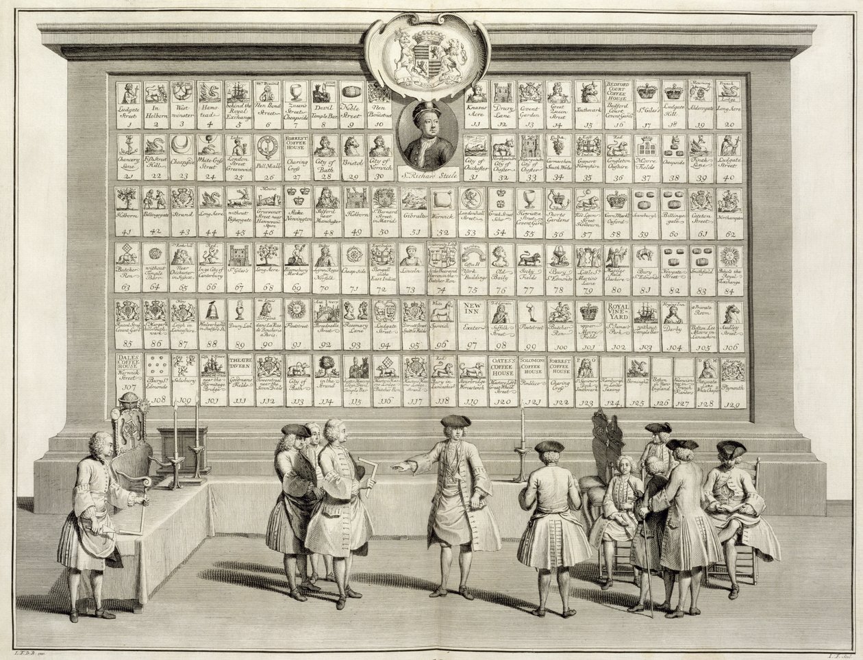 Svobodní zednáři, se znaky pro různé lóže, z Obřadů náboženství a zvyků, kolem roku 1733 od French School