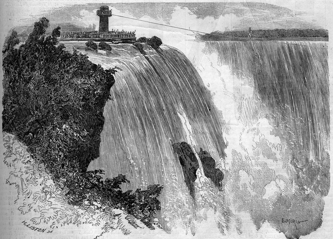 Francouzský akrobat Blondin (Jean Francois Gravelet, dit) (1824-1897) překračující Niagarské vodopády. Ze skici pana Philiberta. Rytina v „“ Le Monde Illustré““ č. 127 ze 17. září 1859. od French School