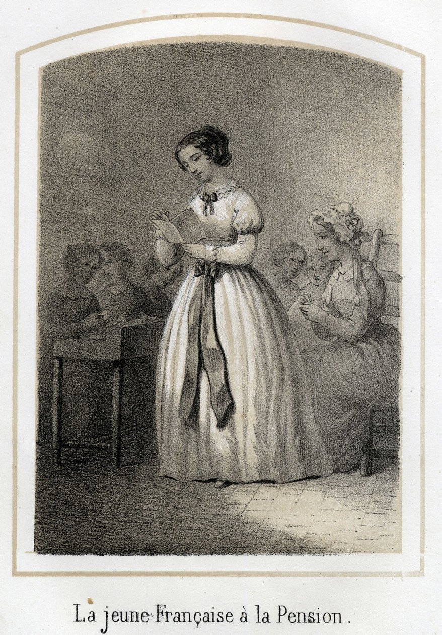Francouzka čte svým spolužákům. Anonymní rytina 19. století od French School