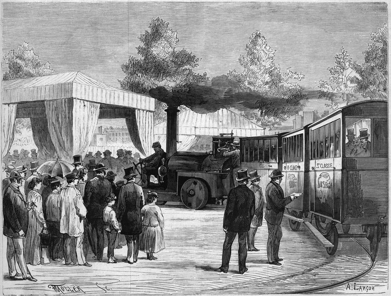 Francouzský vynálezce Larmanjat řídil jednu ze svých „tramvajů“ během eseje provedené na Trocadero v Paříži 8. od French School