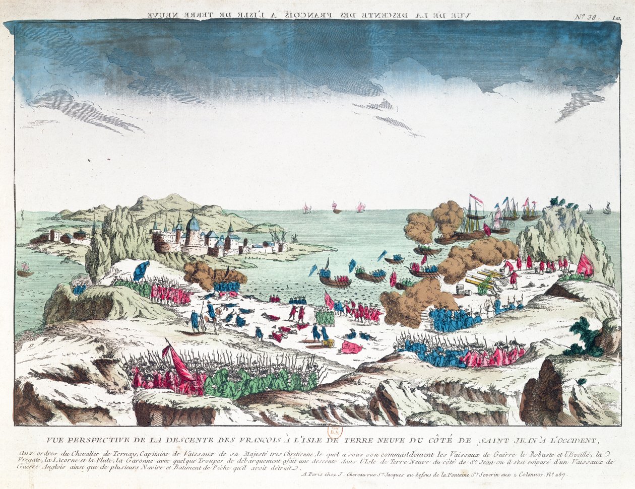 Francouzský nájezd na St. John v Newfoundlandu 2. června 1762 pod velením Chevalier du Ternay (1722-80), konec 18. století od French School