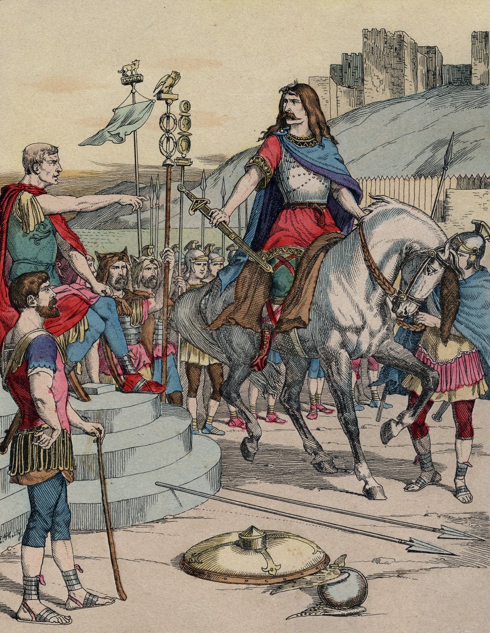 Galský náčelník Vercingetorix (72-46 př. n. l.) vzdávající se římskému náčelníkovi Juliu Caesarovi (100-44 př. n. l.) po bitvě u Alesie v roce 52 př. Kr. - "" Galský vůdce Vercingetorix (72-46 př.nl) se po bitvě vzdává římskému náčelníkovi Julesu Cesarovi  od French School