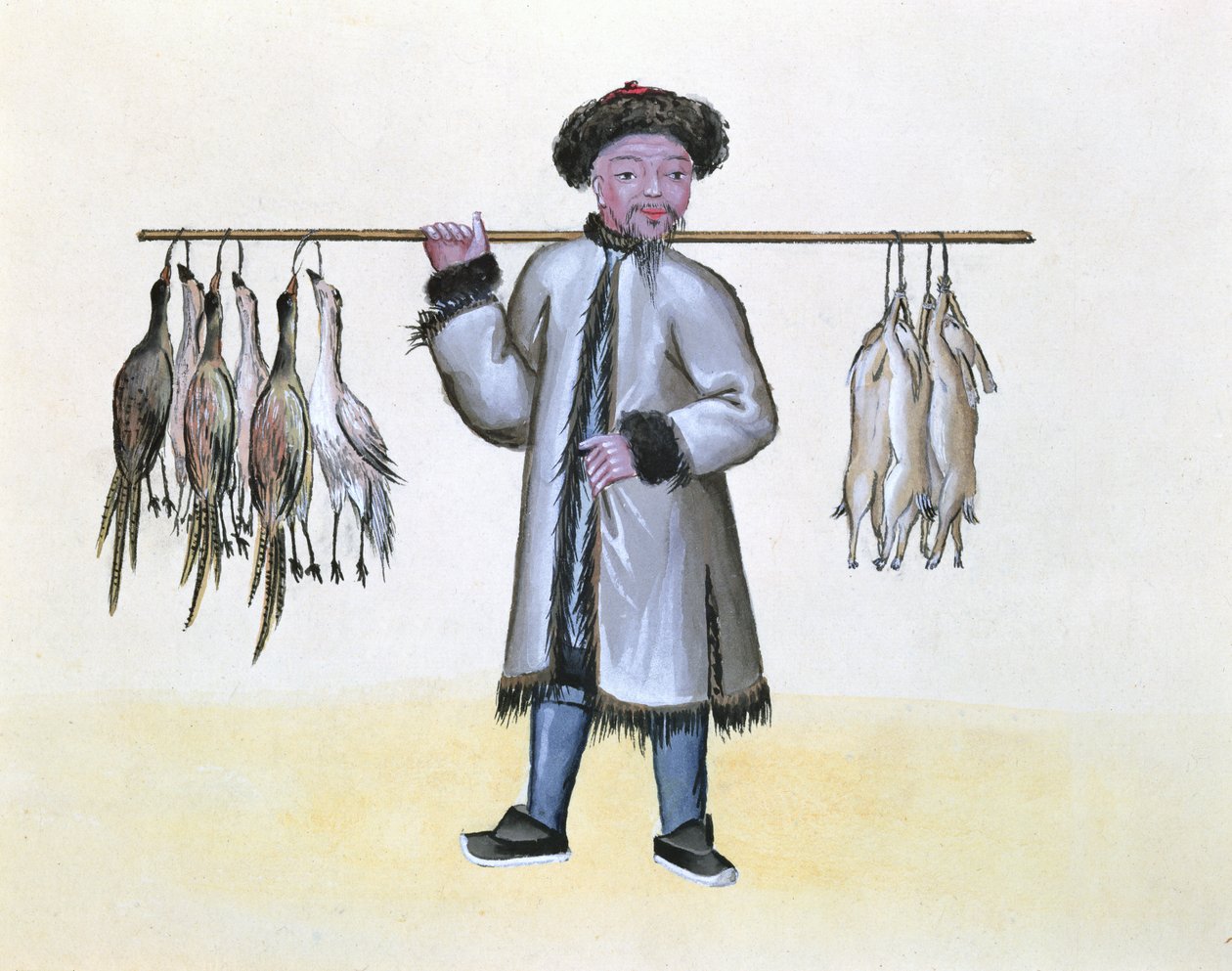 The Game Merchant, z knihy o pouličním volání Pekingu, kolem 1785 (wc a kvaš na papíře) od French School