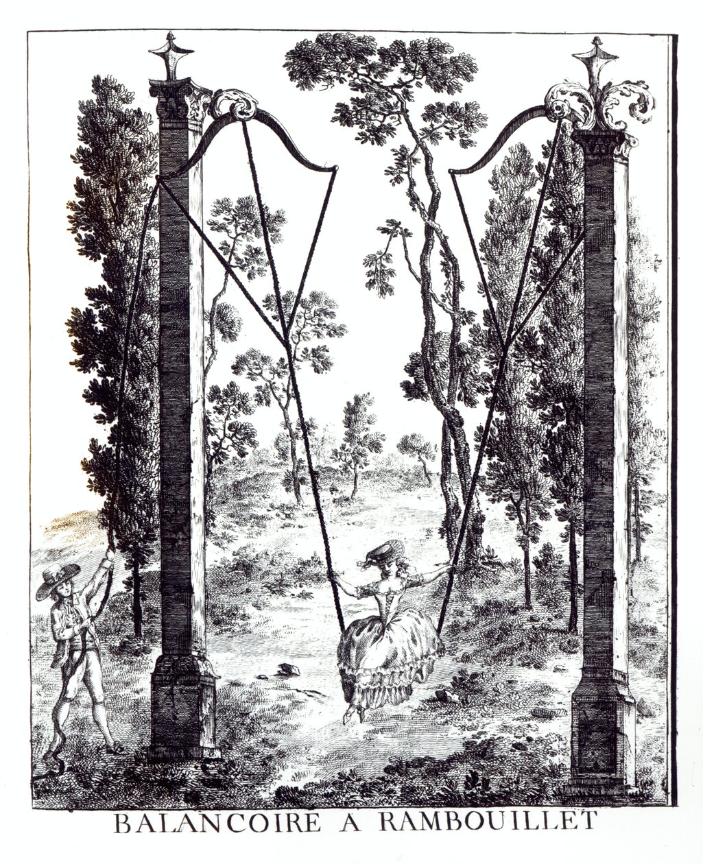 Zahradní houpačka v Rambouillet, z Details des Nouveaux Jardins a la Mode od George Louise le Rouge, vydáno 1775-78 od French School