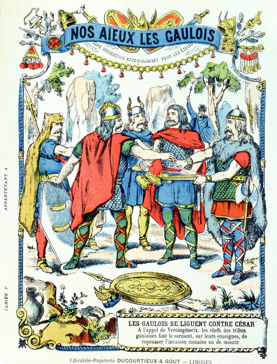 Galští vůdci v lize proti Juliu Caesarovi (100-44 př. n. l.) vedenému Vercingetorixem († 46 př. n. l.) z ochranného obalu na učebnice, konec 19. století od French School