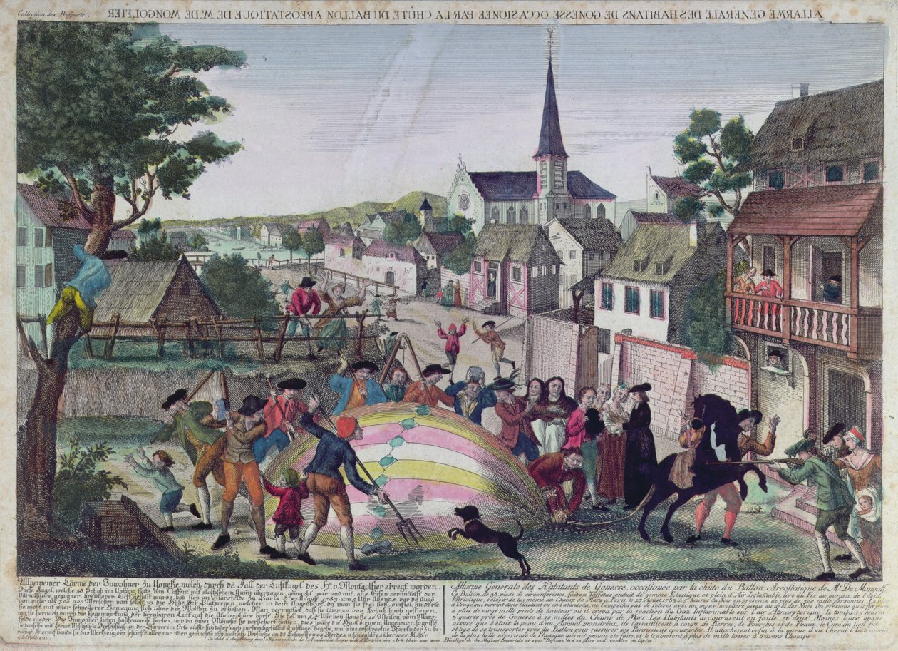 Všeobecný poplach obyvatel Gonesse způsobený sestupem balónu, 27. srpna 1783 od French School