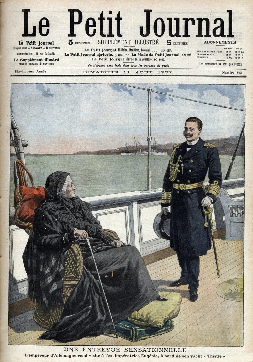 Německý císař Vilém II. (1859-1941) navštívil bývalou císařskou Eugenii (1826-1920) na palubě své jachty „Bodláček“, „Le petit journal“ le 11. srpna 1907 (rytina) od French School