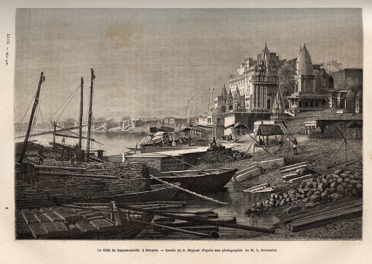 Ghat de Benares (dnešní Vanarasi) (ghát označující schody, které pokrývají břehy řek a břehy pánví a nádrží, které umožňují sestoupit v kontaktu s vodou), vyrytý podle kresby G. Moyneta, znázorňující plavbu t od French School
